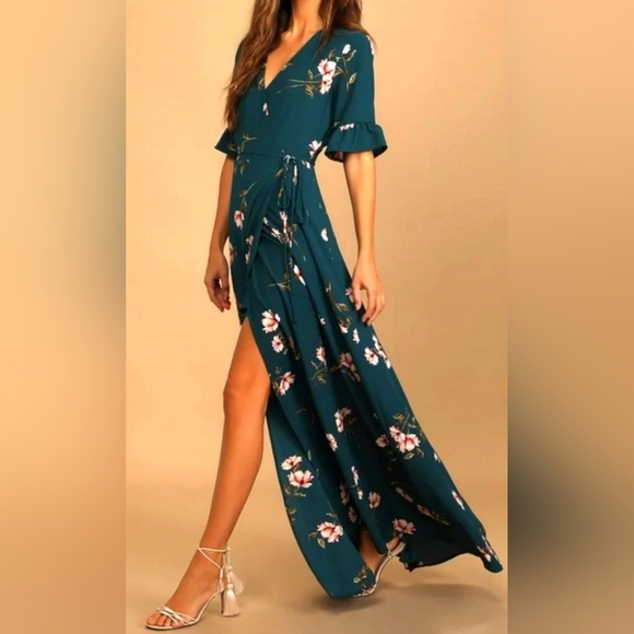 Lulus Dresses & Skirts - Lulus NWT Dark Teal and Pink Floral Print Wrap Maxi Dress XS